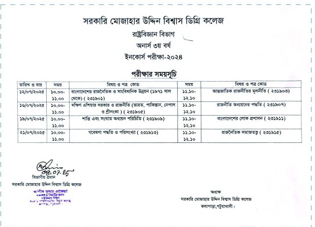 ইনকোর্স পরীক্ষা ২০২৪ বিষয় :রাষ্ট্রবিজ্ঞান ৩য় বর্ষ।
