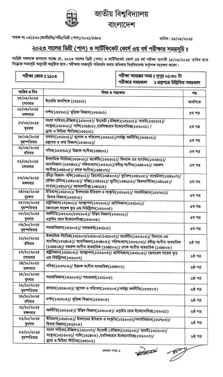 ডিগ্রি পাস ৩য় বর্ষ পরীক্ষার রুটিন
