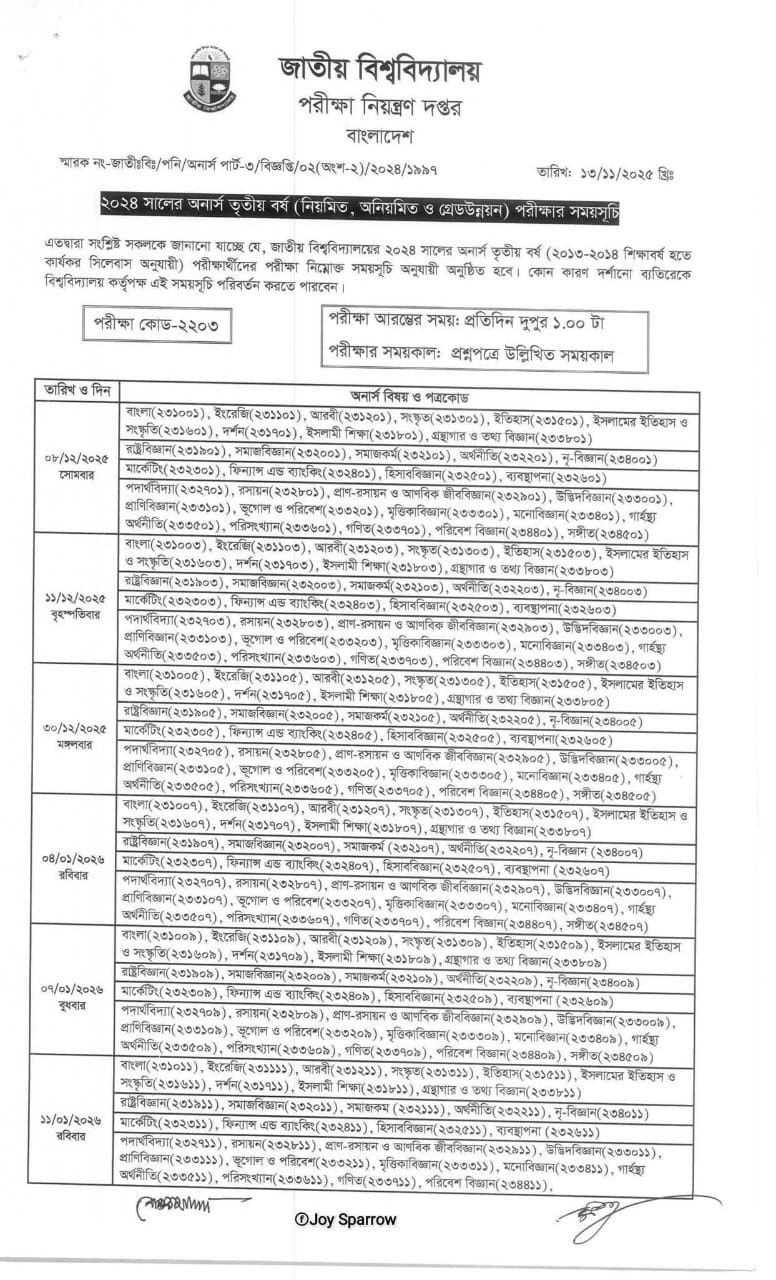 ২০২৪ সালের অনার্স ৩য় বর্ষের নিয়মিত, অ নিয়মিত পরীক্ষার রুটিন